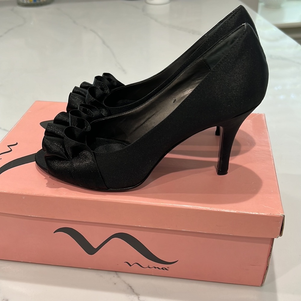 Nina 3” Heels in Black Satin With Ruffle On Open Toe Size 6M